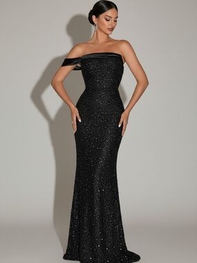 Strapless Black Sequin Evening Gown